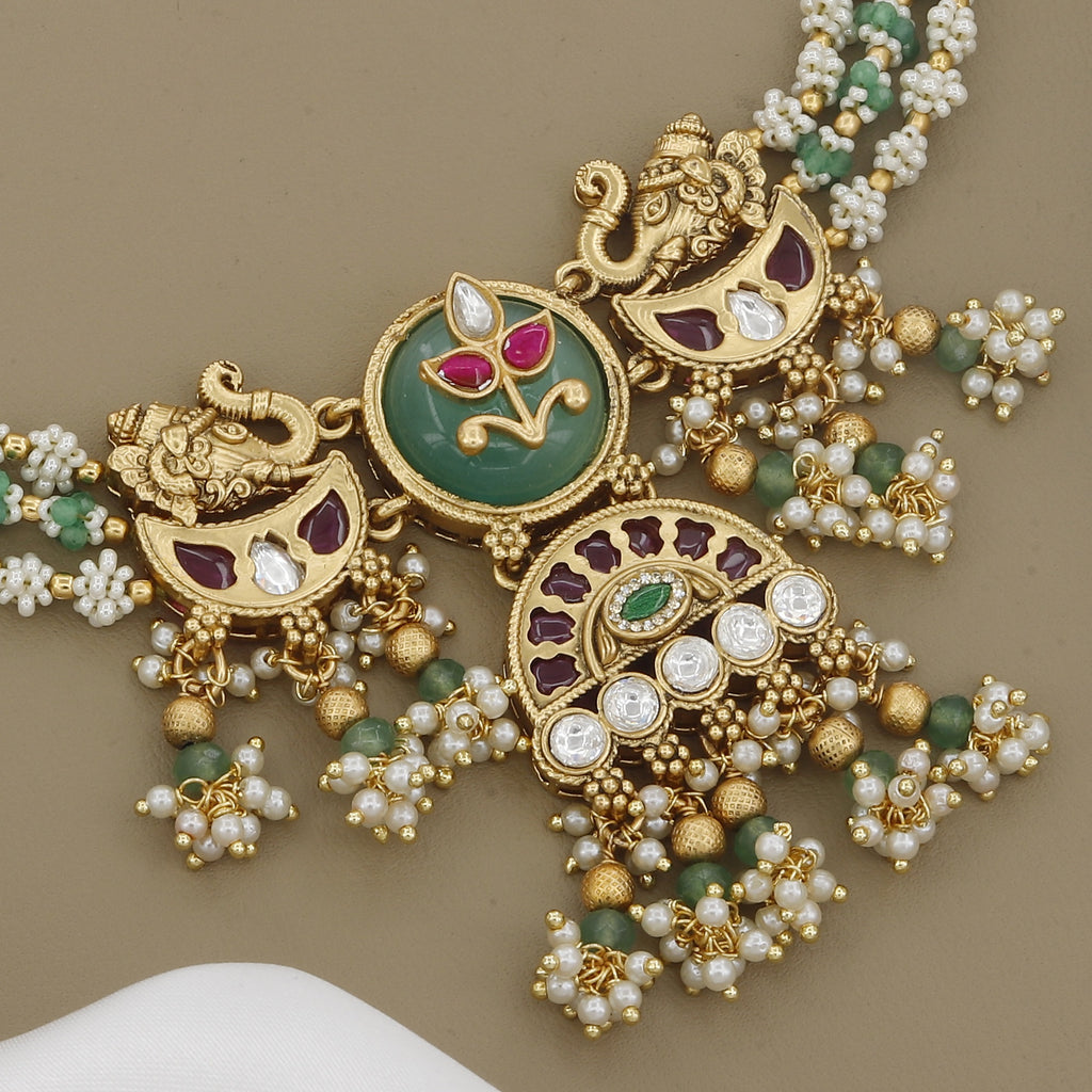 Antique Peacock Necklace Set with Kundan & Green Beads