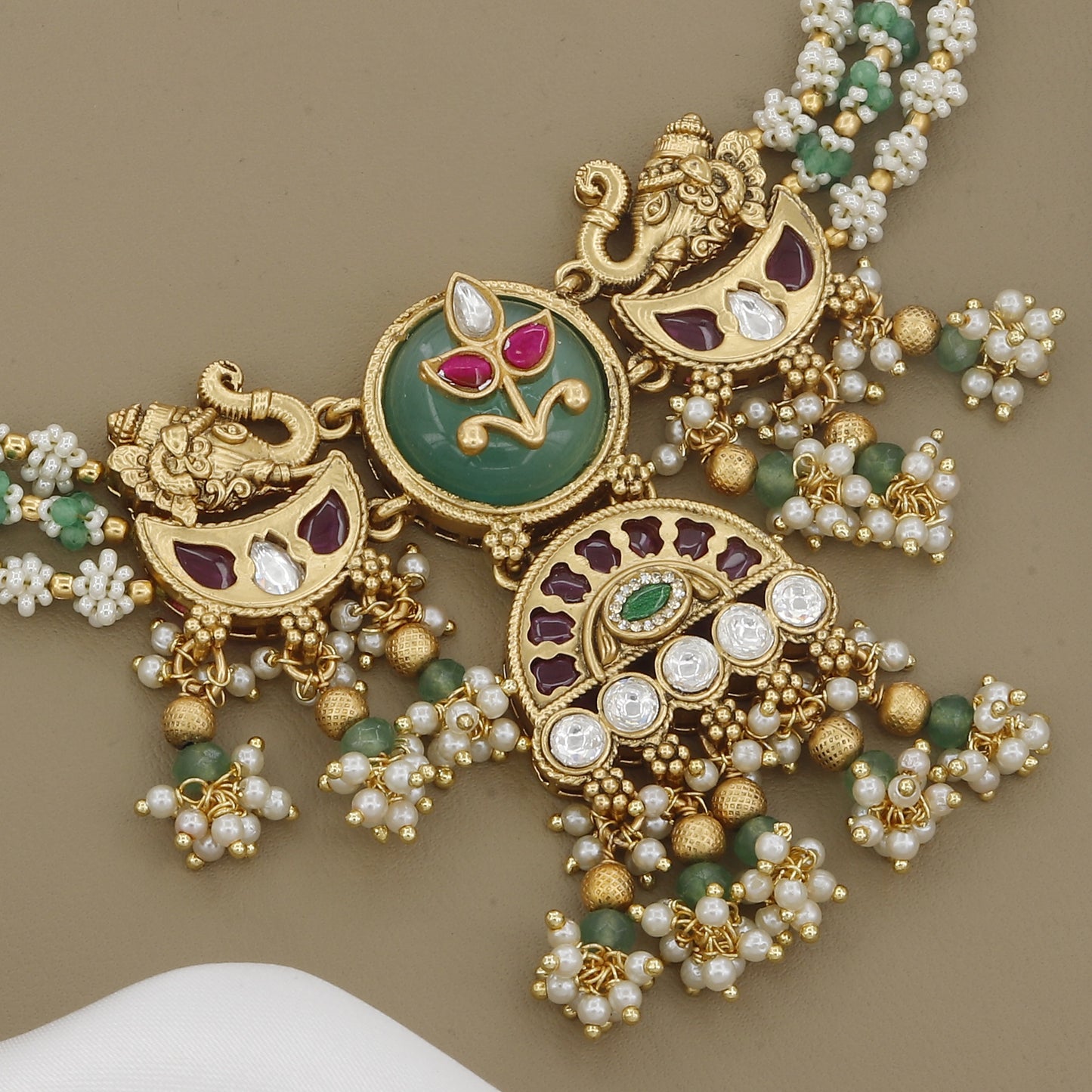 Antique Peacock Necklace Set with Kundan & Green Beads