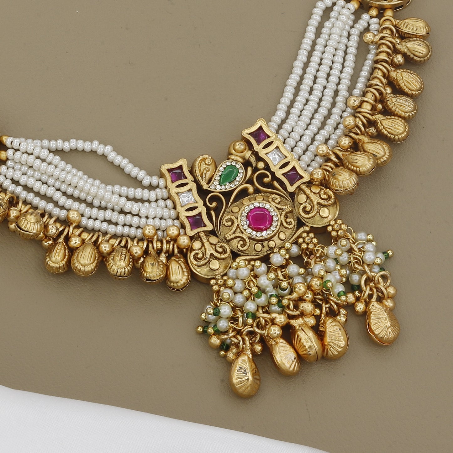 Green & Red Vibrant Meenakari & Pearl Necklace Set