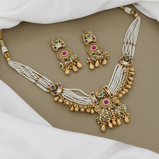 Green & Red Vibrant Meenakari & Pearl Necklace Set