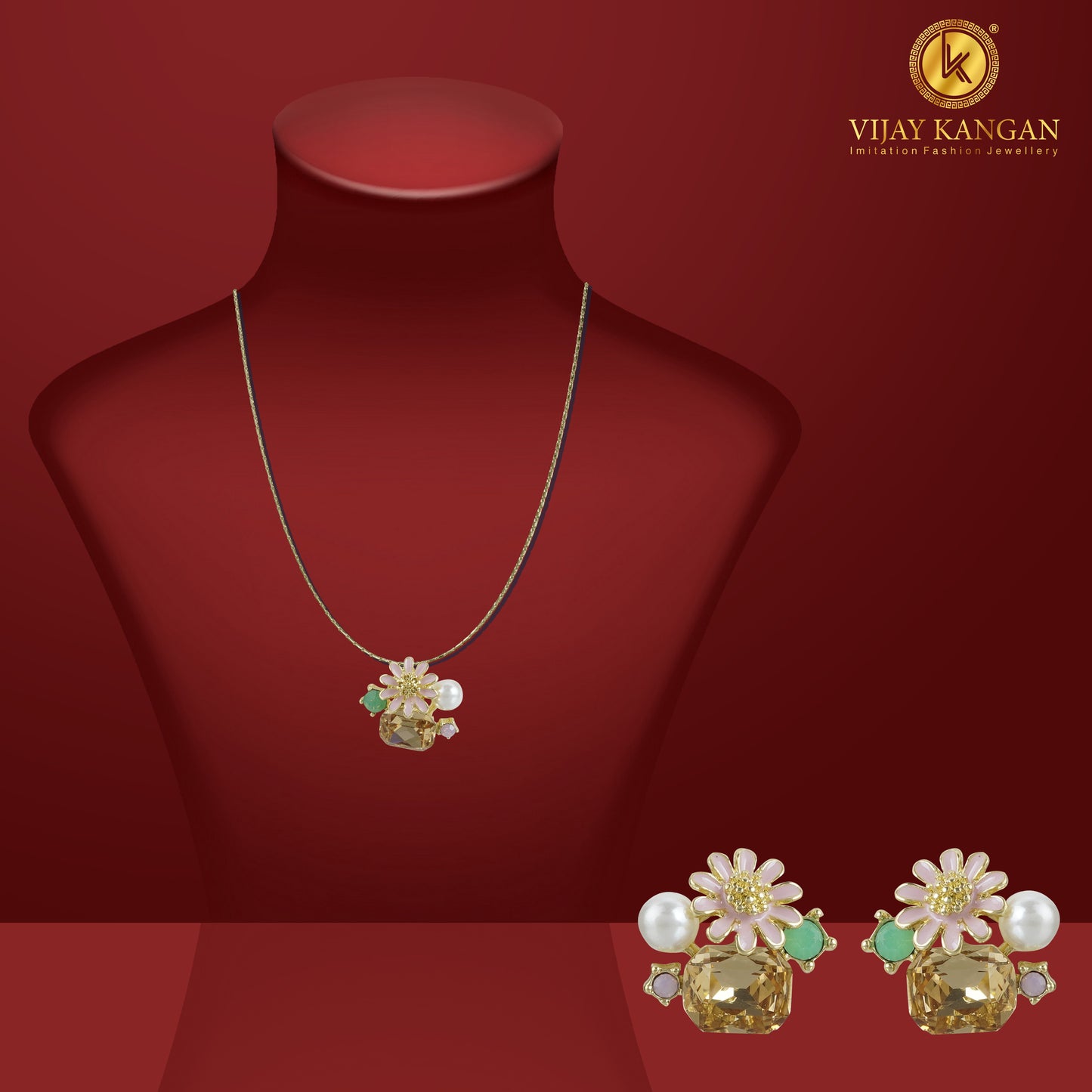 18k Goldpolished Swarovski Flower Design Pendent Set