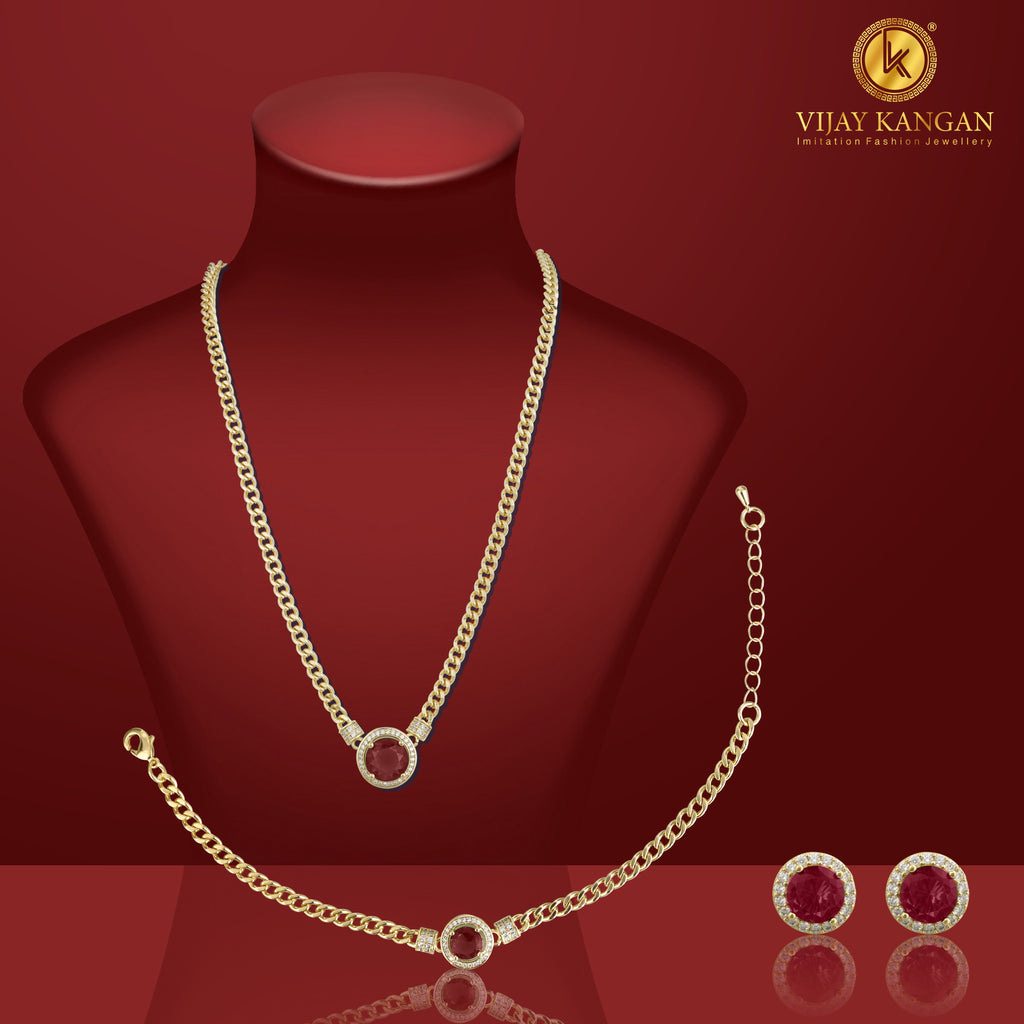 Red Big Stone Goldpolished Full Set Combo Jewelry