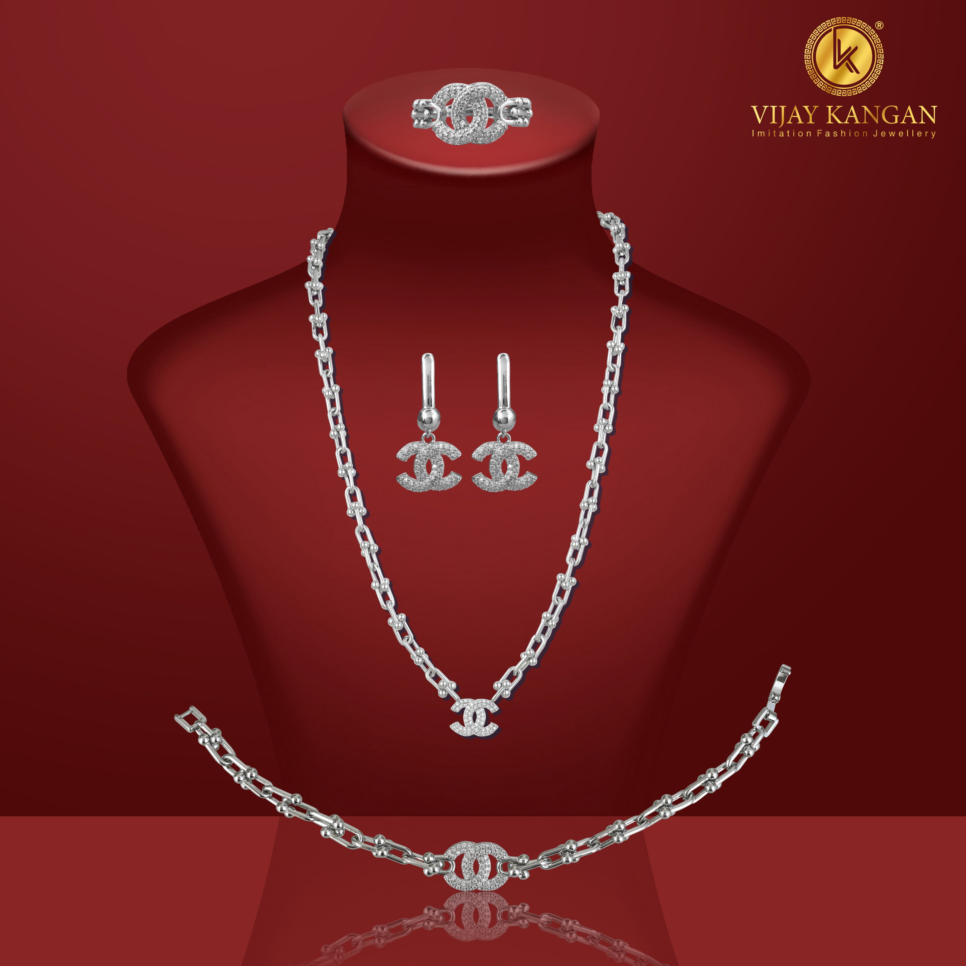 Silverpolished Diamond Full Set Combo Jewelry