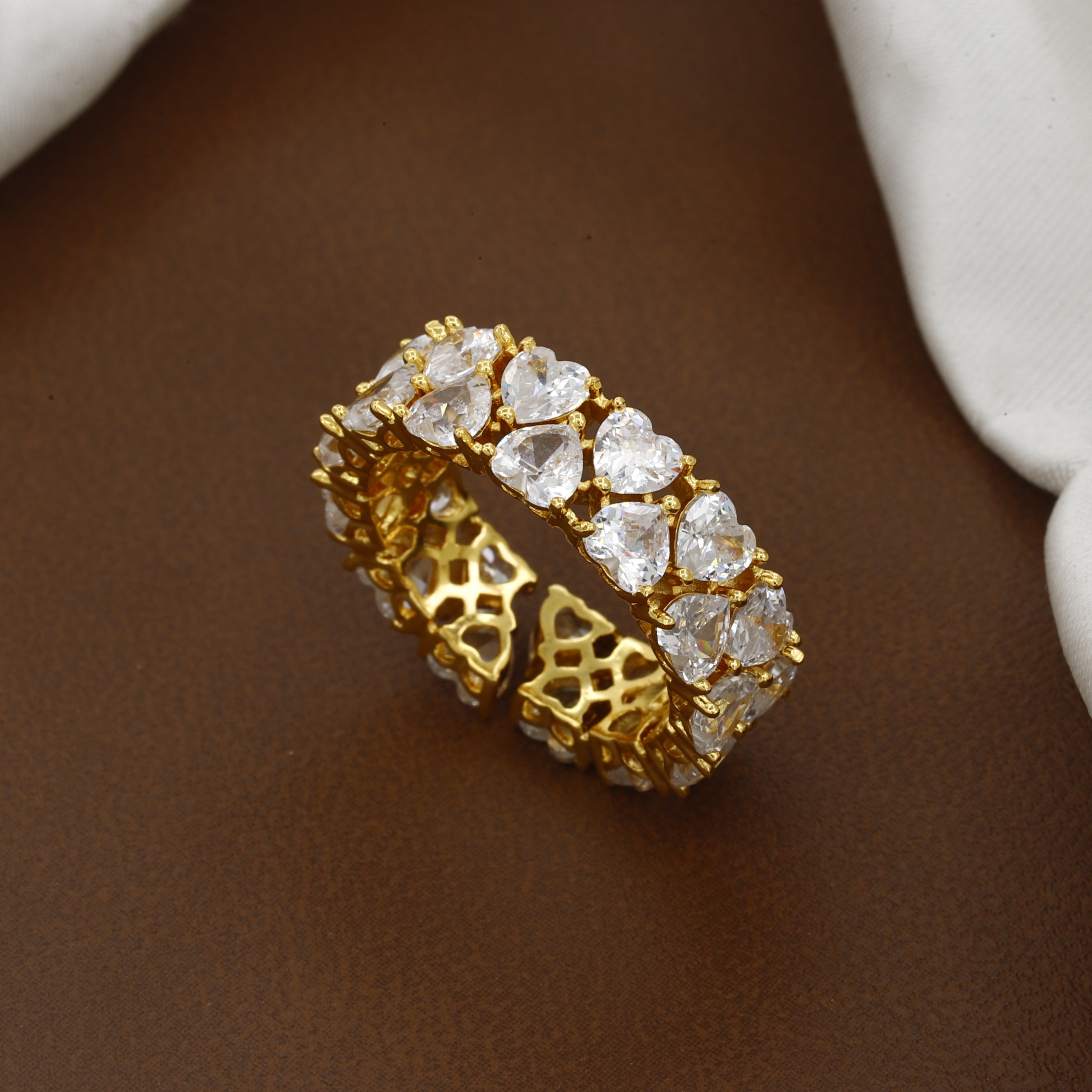 Golden Brilliant Heart-Cut Cubic Zirconia Eternity Free Size Ring