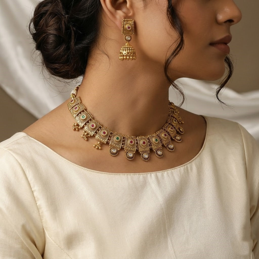 Antique Gold Plated Necklace Set with Jhumka Earrings