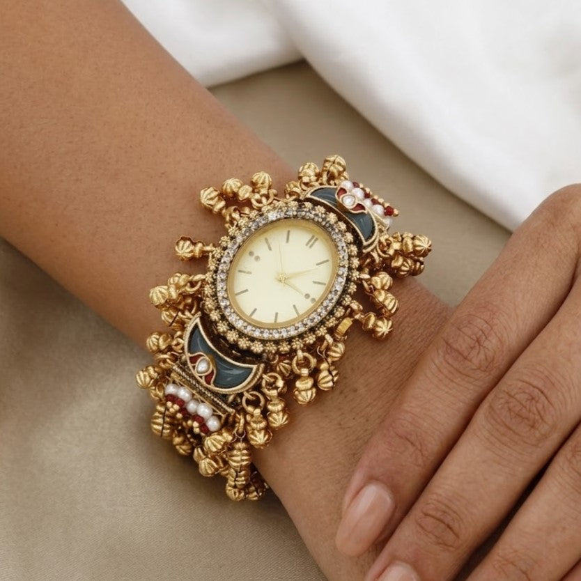 Antique Gold Kundan Bracelet Watch with Ghungroo Dangles