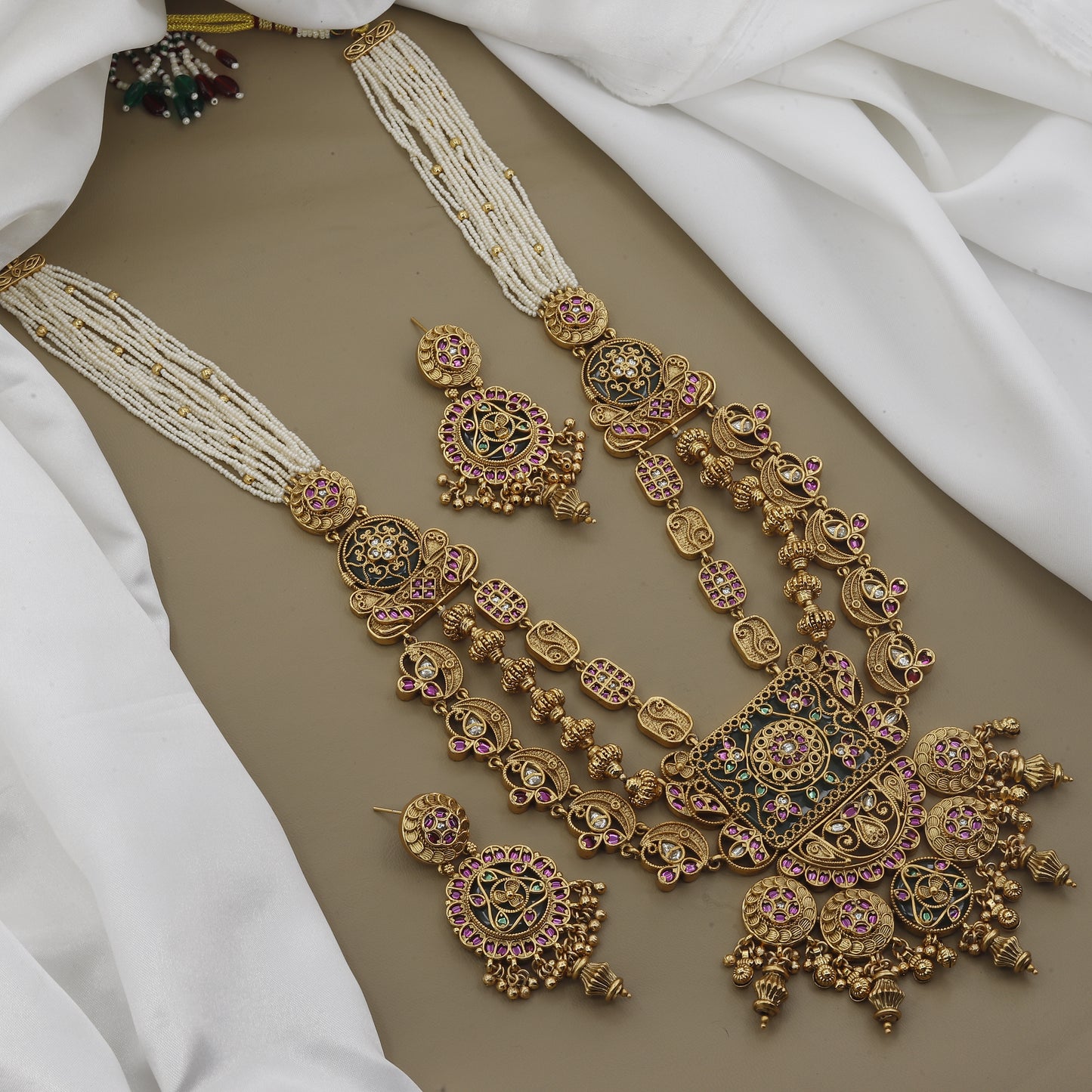 Ruby & Enamel Work Matte Gold Traditional Long Necklace Set