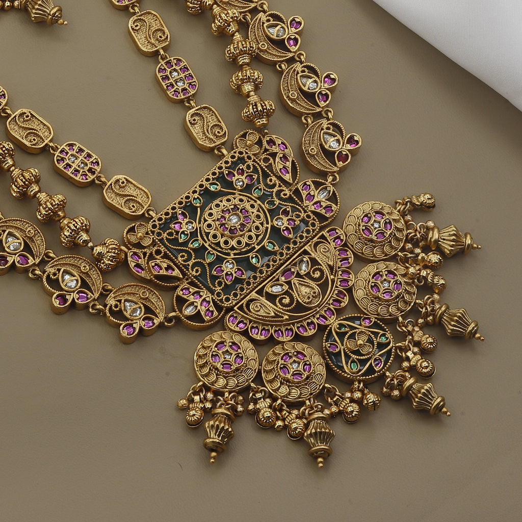 Ruby & Enamel Work Matte Gold Traditional Long Necklace Set