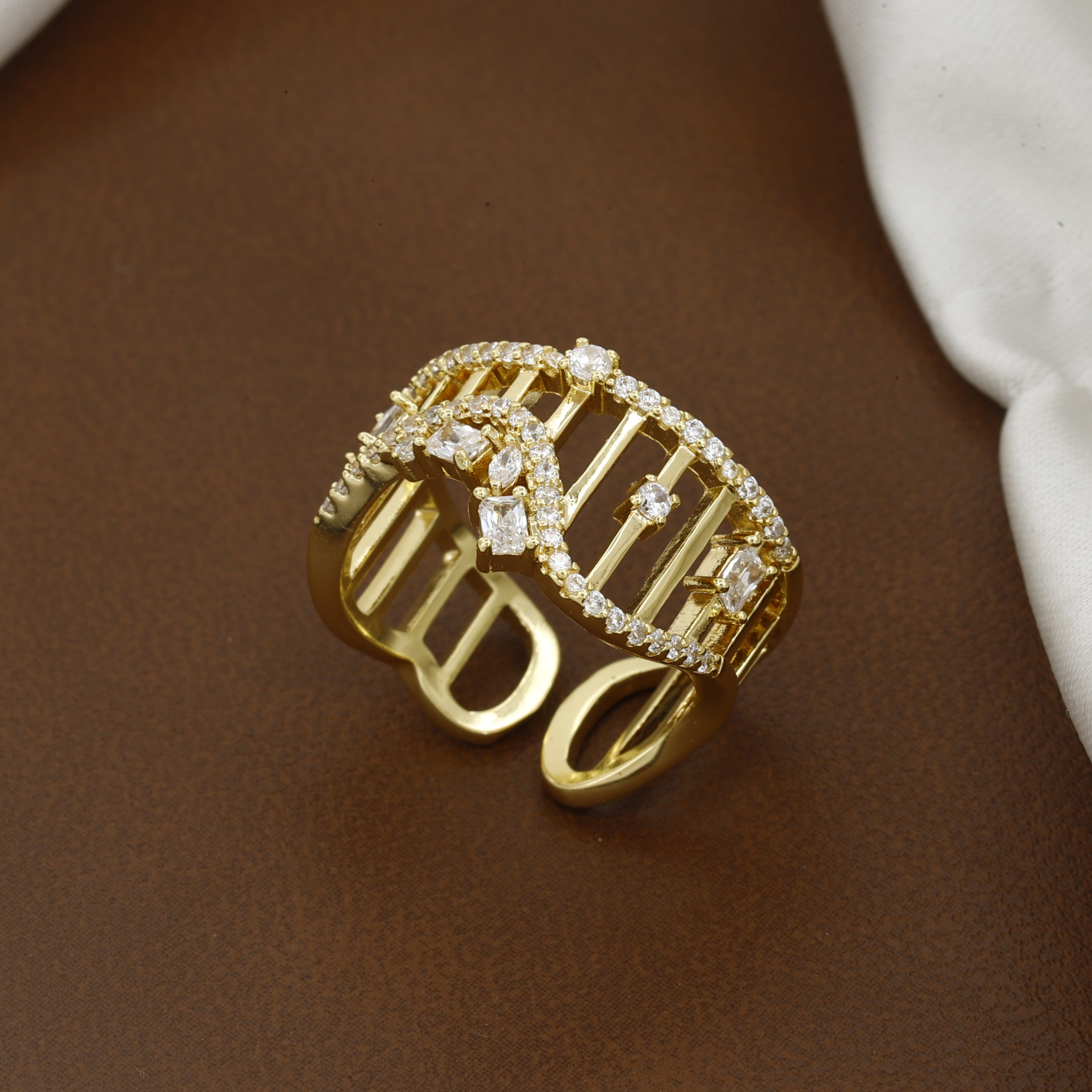 Gold Polished Modern Architectural Crown Free Size Ring