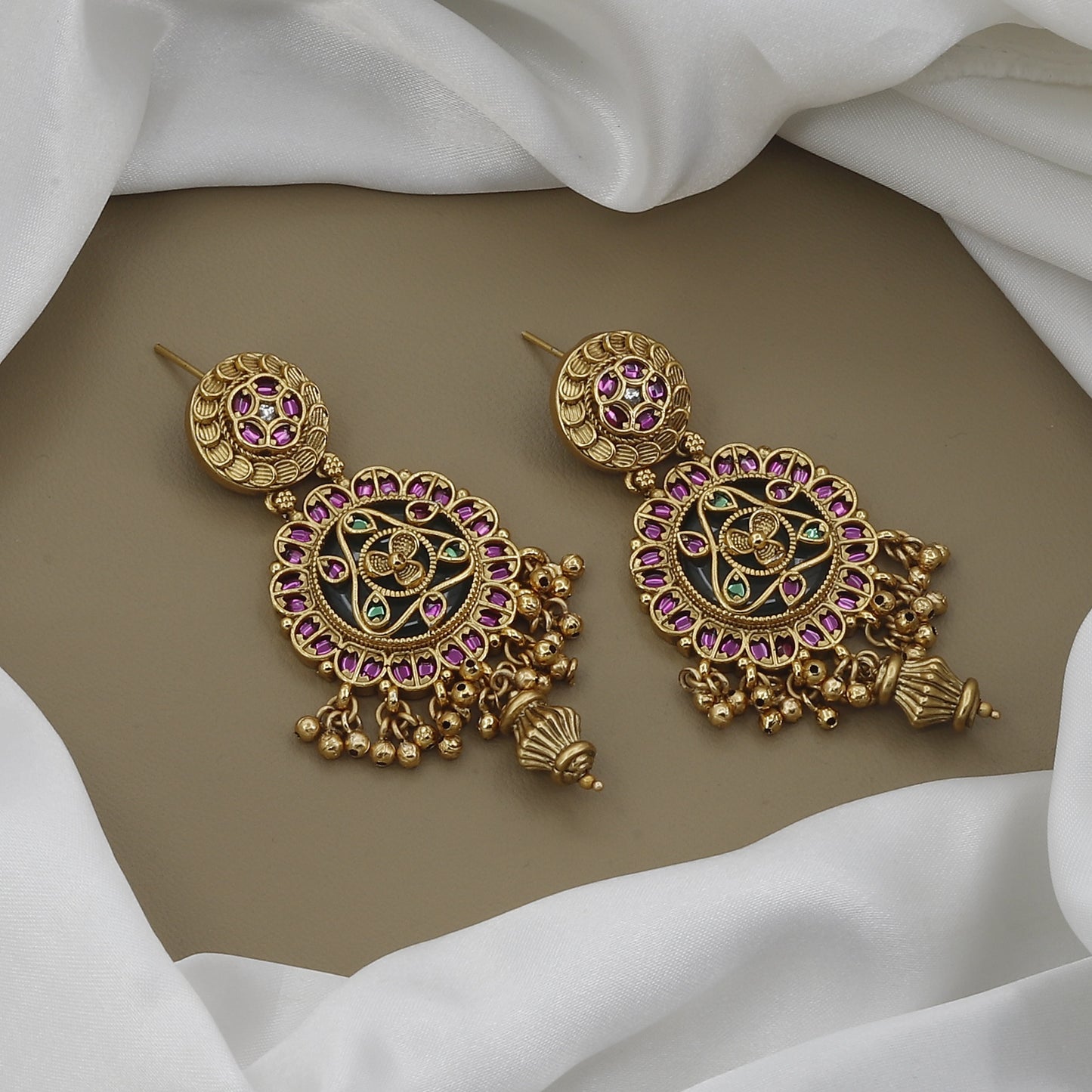 Ruby & Enamel Work Matte Gold Traditional Long Necklace Set