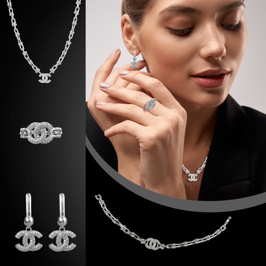 Silverpolished Diamond Full Set Combo Jewelry