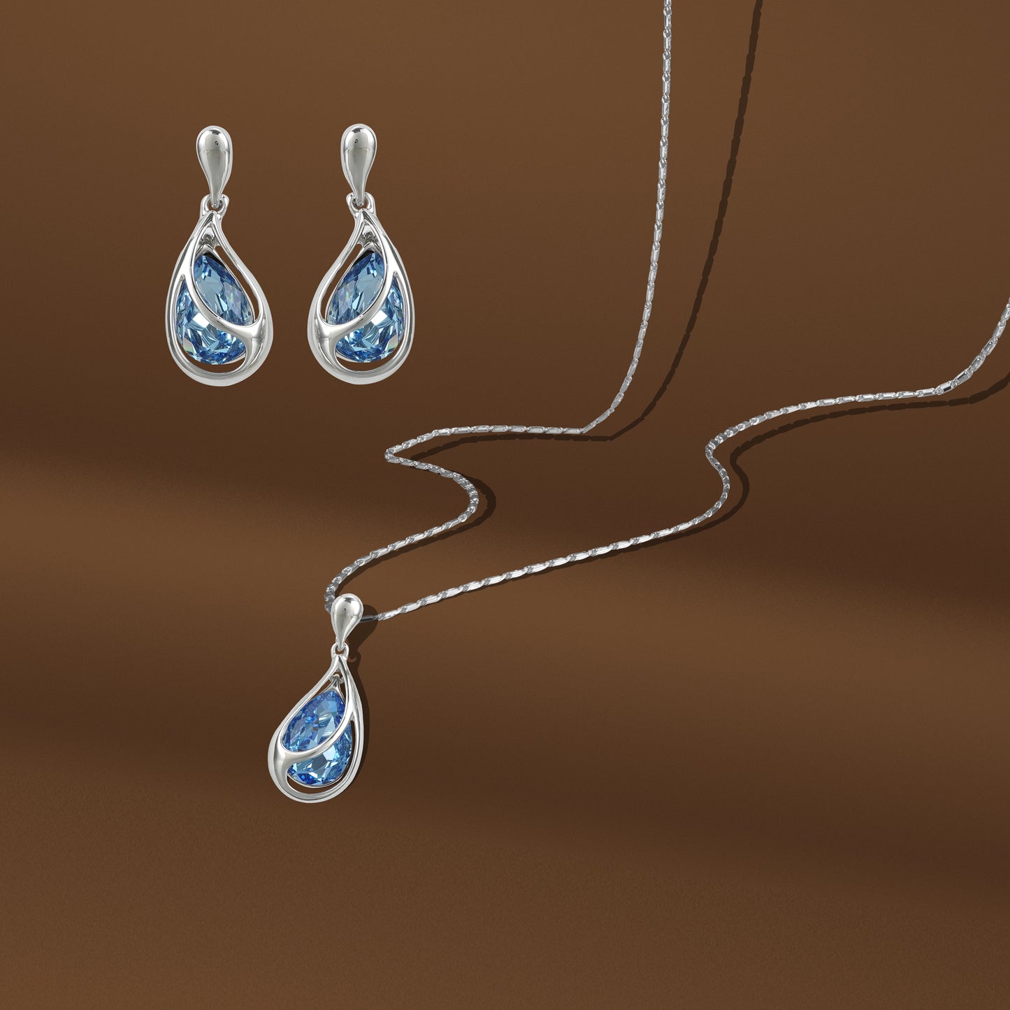 18k Silverpolished Swarovski Light Blue Stone Pendent Set