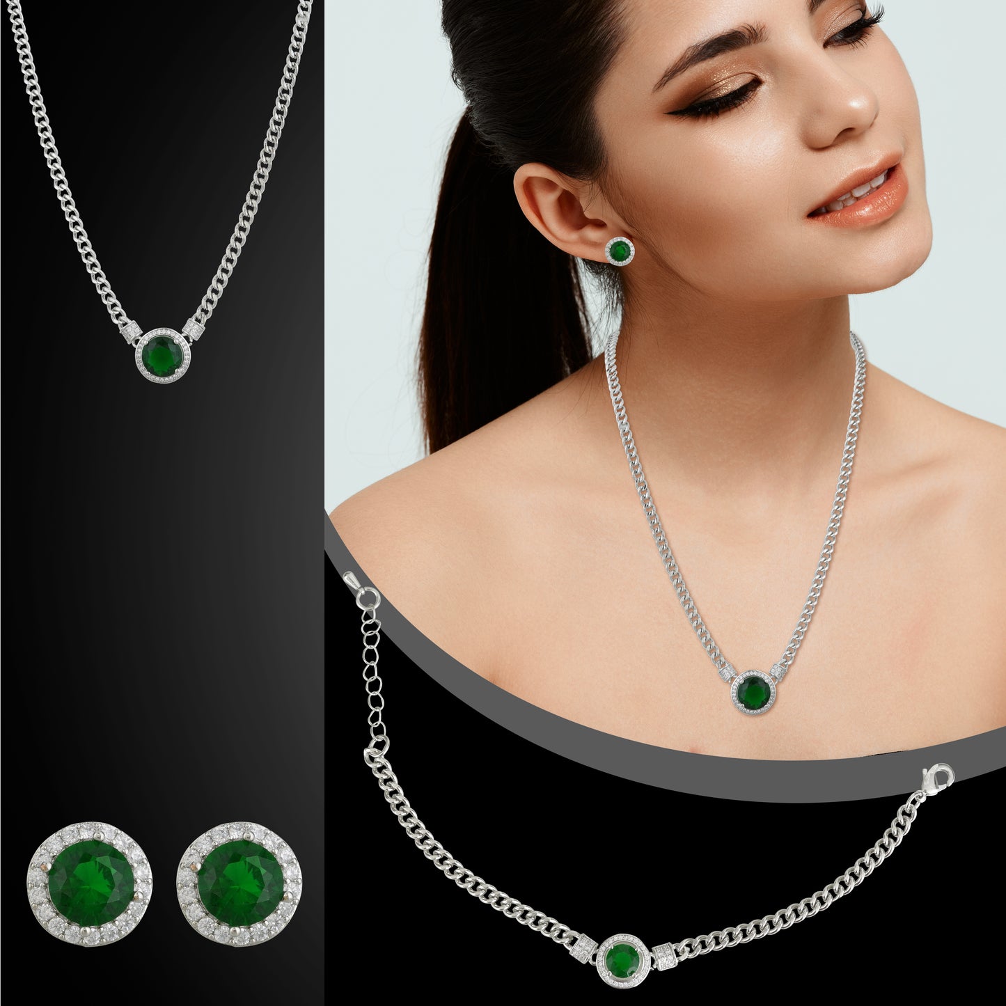 Green Big Stone Silverpolished Full Set Combo Jewelry