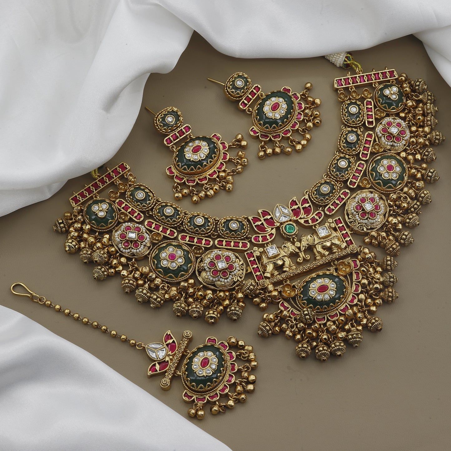 Heavy Antique Necklace Set with Maang Tikka & Jhumka Earrings