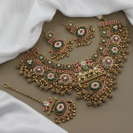 Heavy Antique Necklace Set with Maang Tikka & Jhumka Earrings