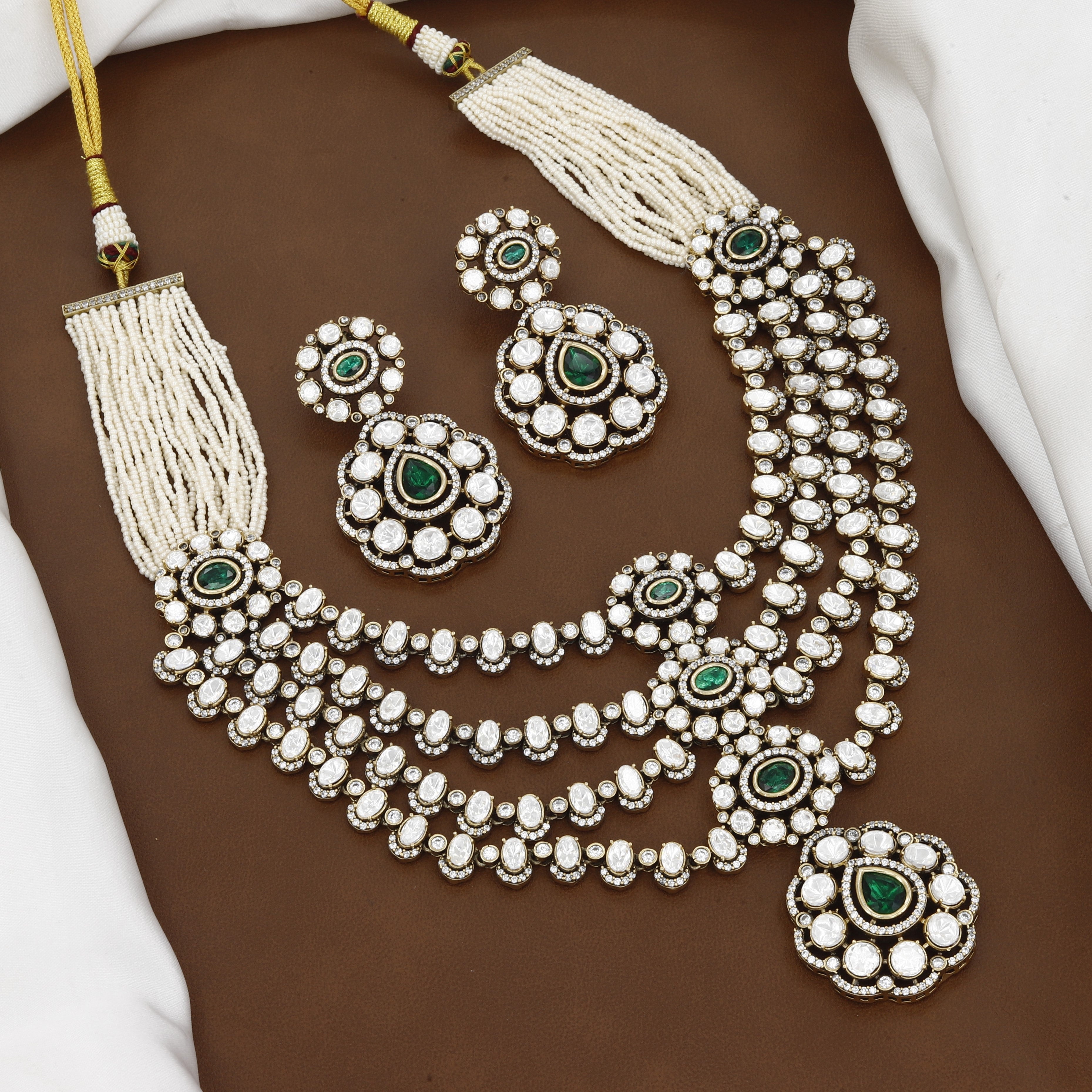 Victorian Polished Traditional Emerald & Polki Multi-Layered Necklace Set