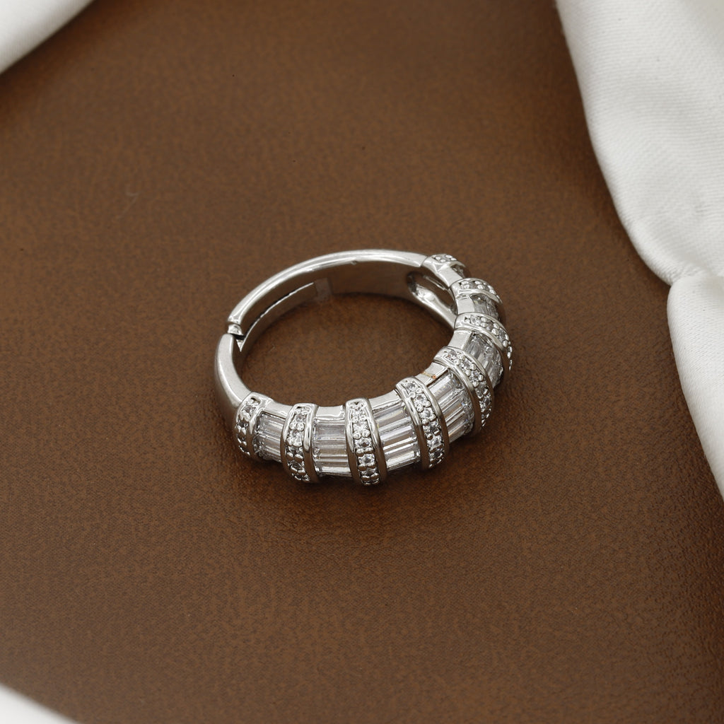 Adjustable Silver-Tone Baguette & Round Zirconia Band Ring