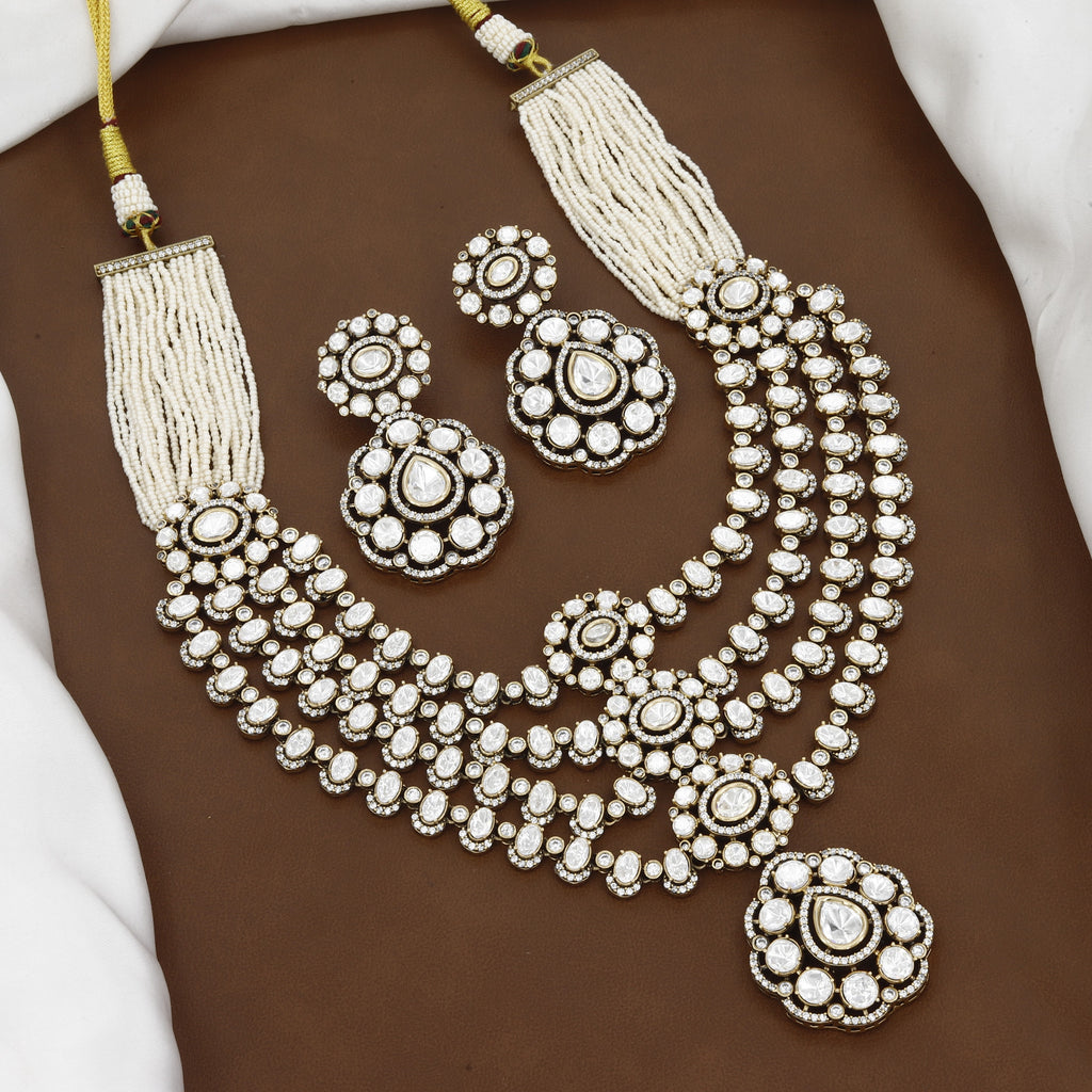 Victorian Polished Traditional Emerald & Polki Multi-Layered Necklace Set