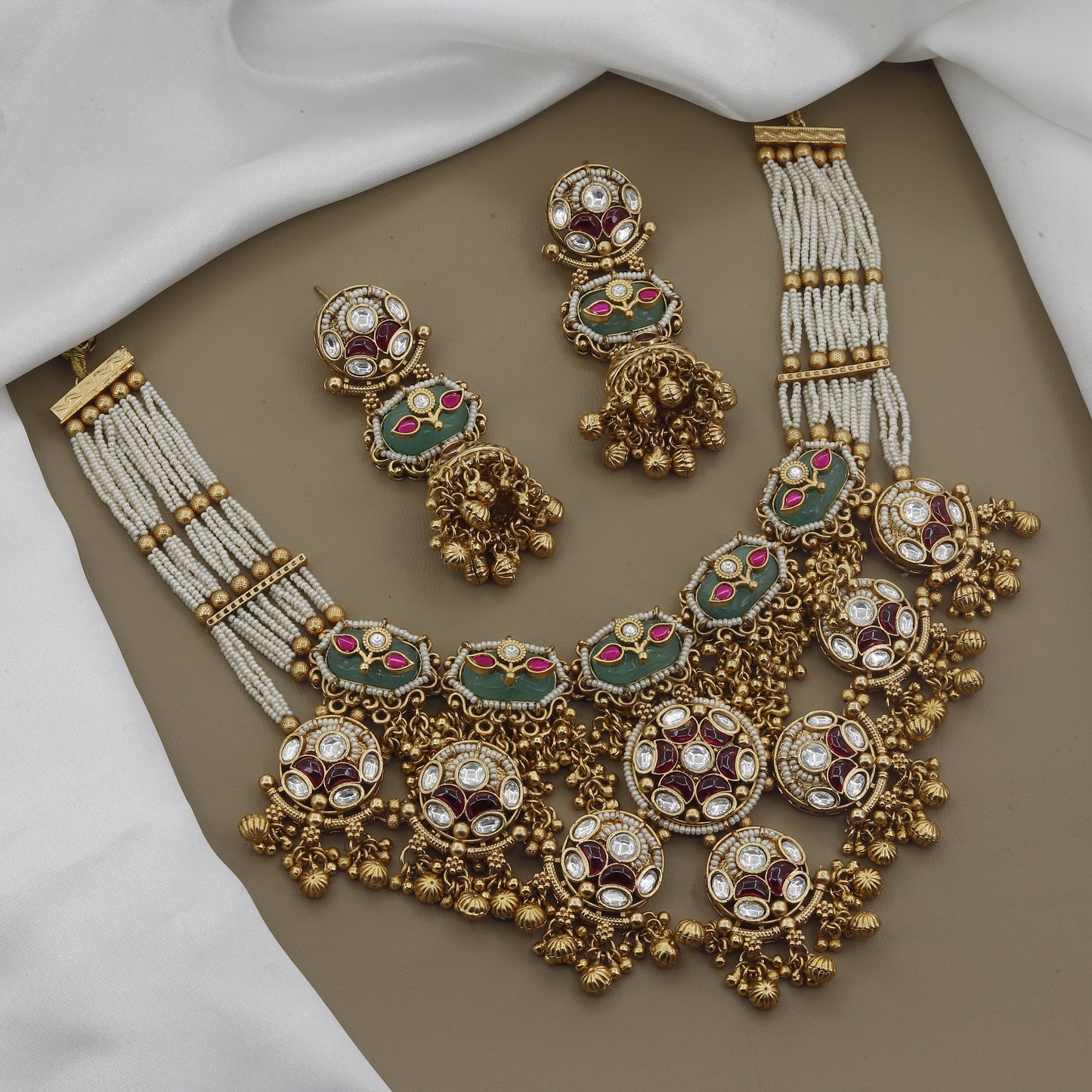 Premium Polki Style Necklace Set with Ruby Accents