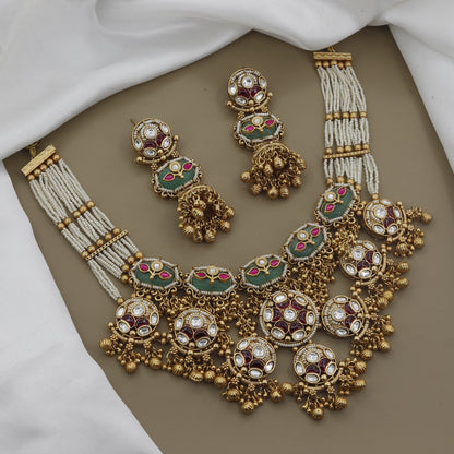 Premium Polki Style Necklace Set with Ruby Accents