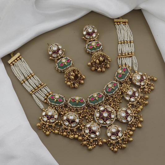 Premium Polki Style Necklace Set with Ruby Accents
