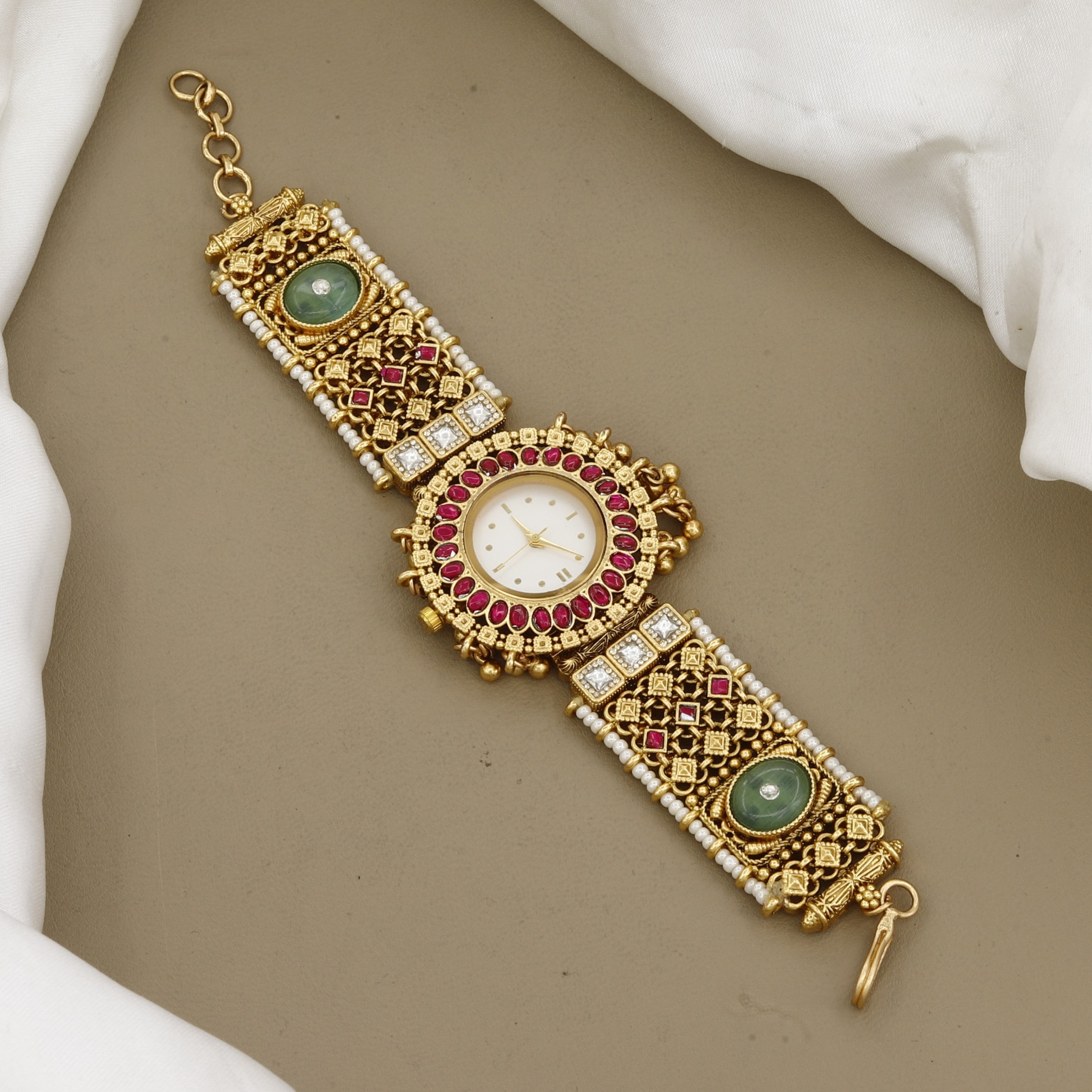 Antique Gold Ornate Bracelet Watch with Rubies and Emeralds