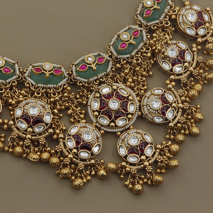 Premium Polki Style Necklace Set with Ruby Accents