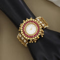 Antique Gold Ornate Bracelet Watch with Rubies and Emeralds