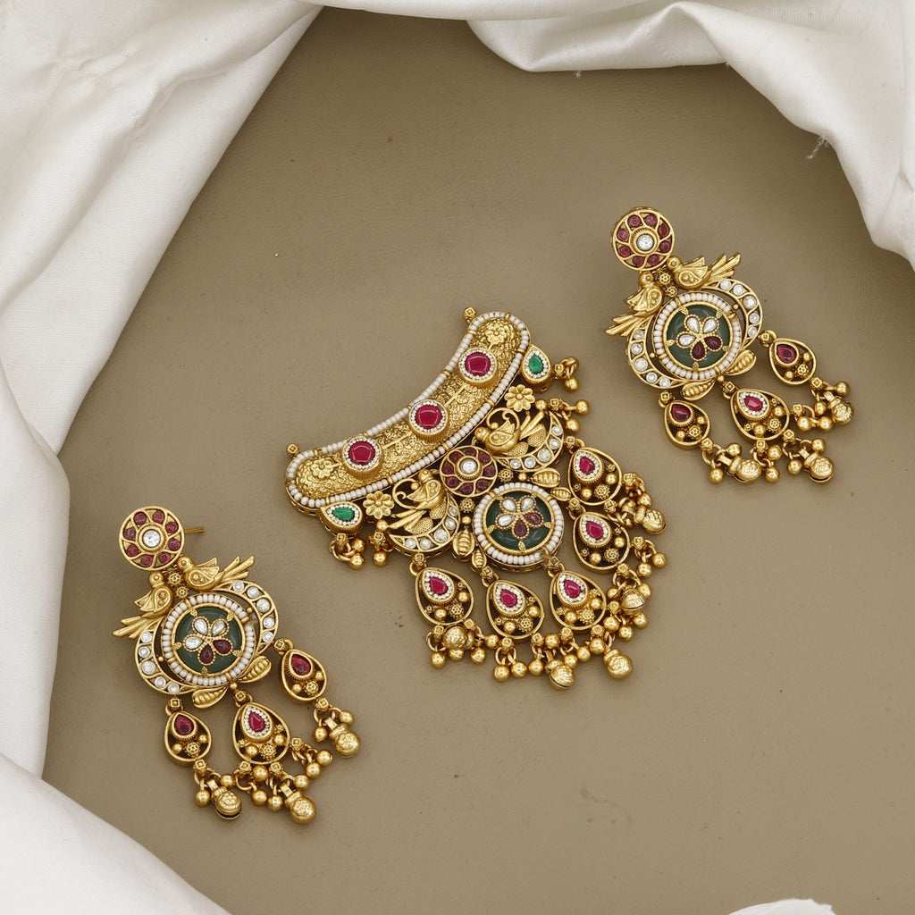 Antique Gold Pendant and Earring Set with Rubies & Emeralds