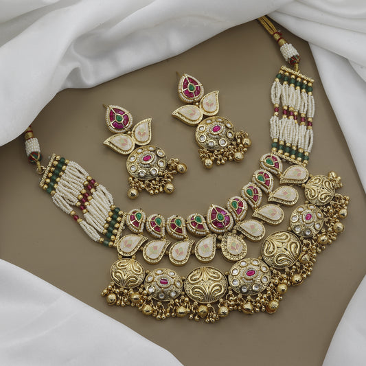 Handcrafted Meenakari & Polki Layered Necklace Set with Seed Pearls
