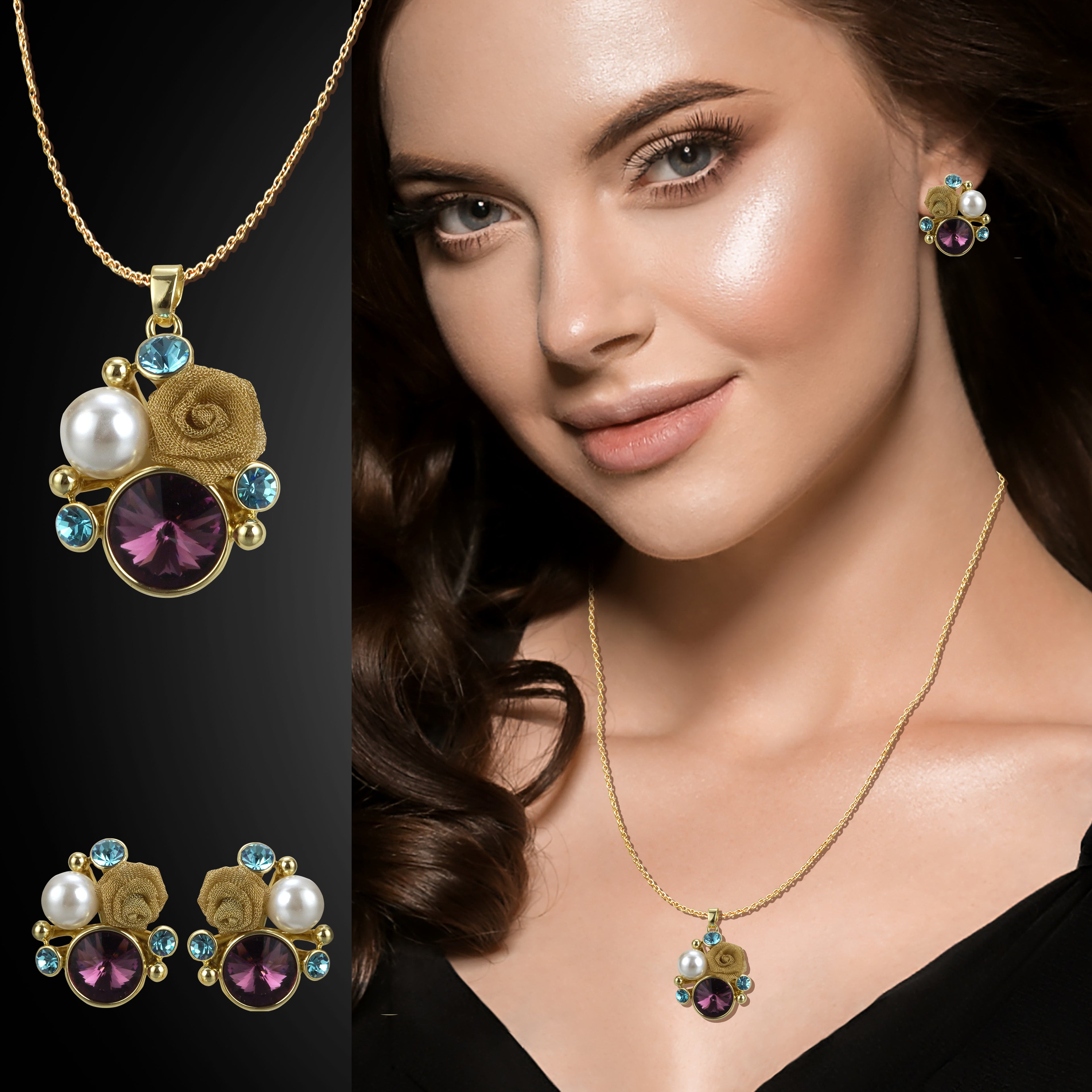 18k Goldpolished Swarovski Multi Stone Pendent Set