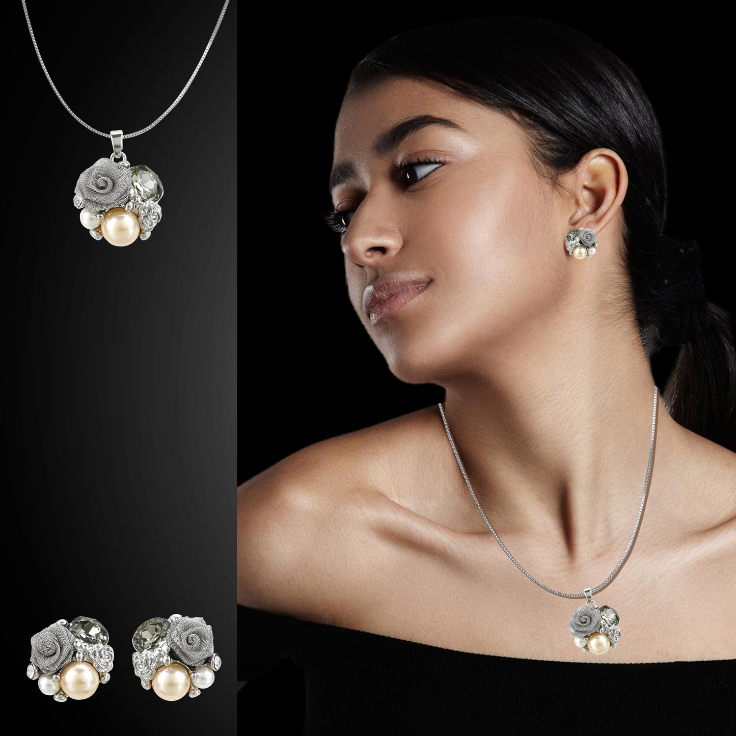 Trendy Silverpolished Swarovski Flower Design Pendent Set