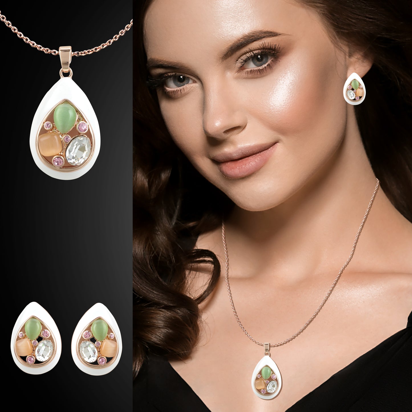 18k Rosepolished Swarovski Pear Shape Pendent Set