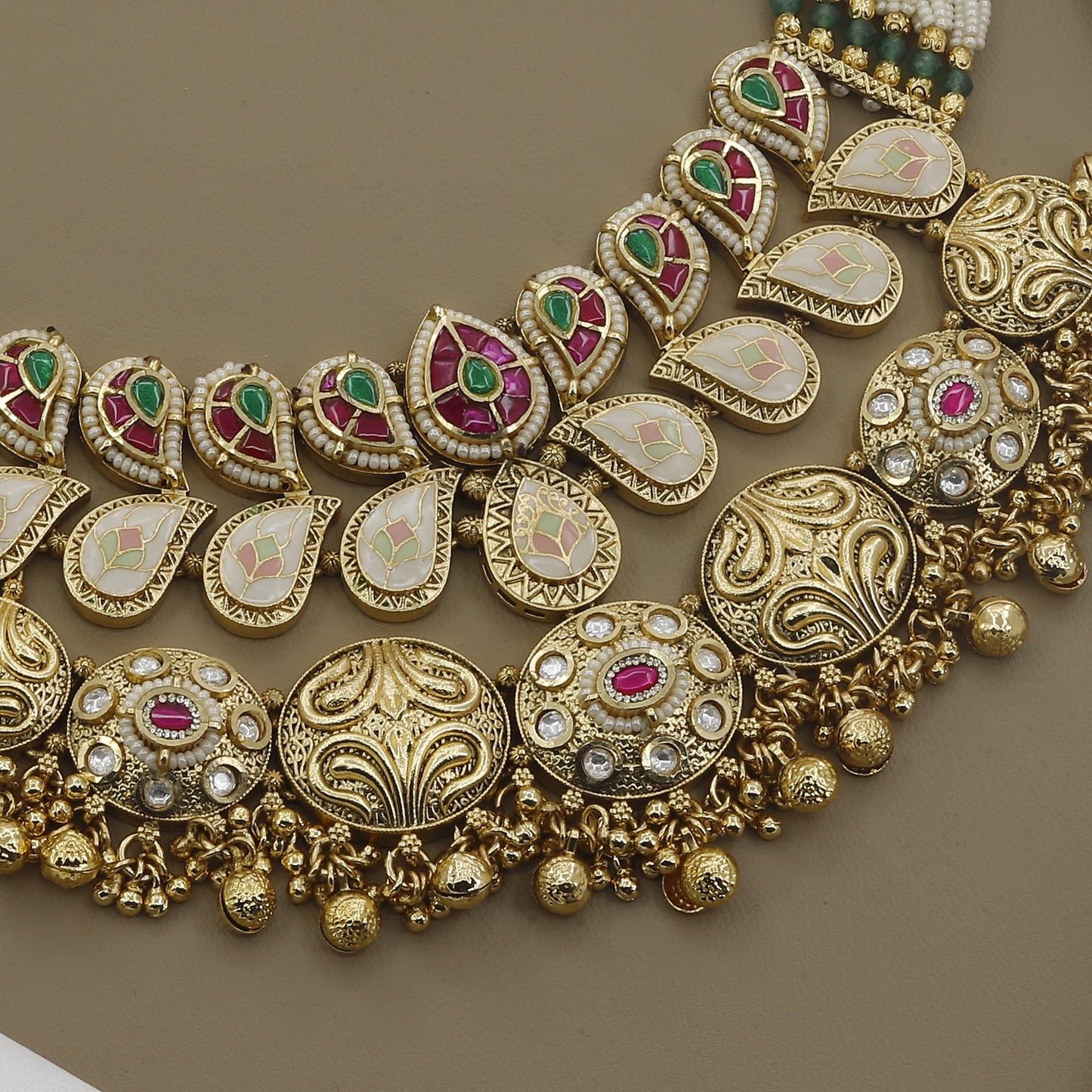 Handcrafted Meenakari & Polki Layered Necklace Set with Seed Pearls