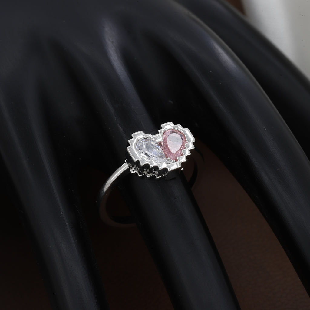 Charming Pixel Heart Adjustable Ring with Pink & Clear Zirconia