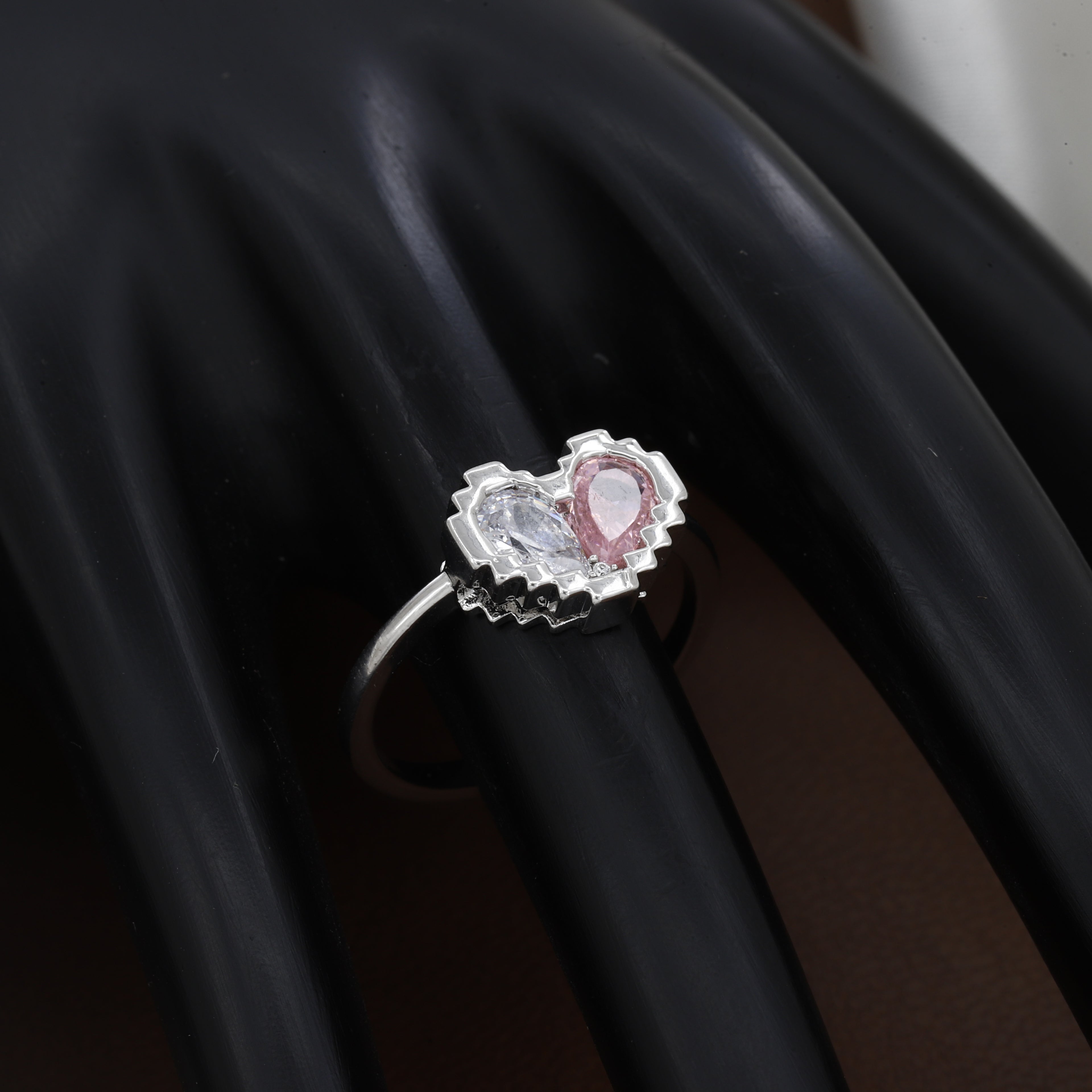 Charming Pixel Heart Adjustable Ring with Pink & Clear Zirconia