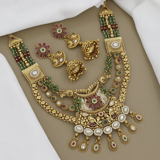 Antique Gold Toned Finish Kundan Necklace Set with Colored Beads