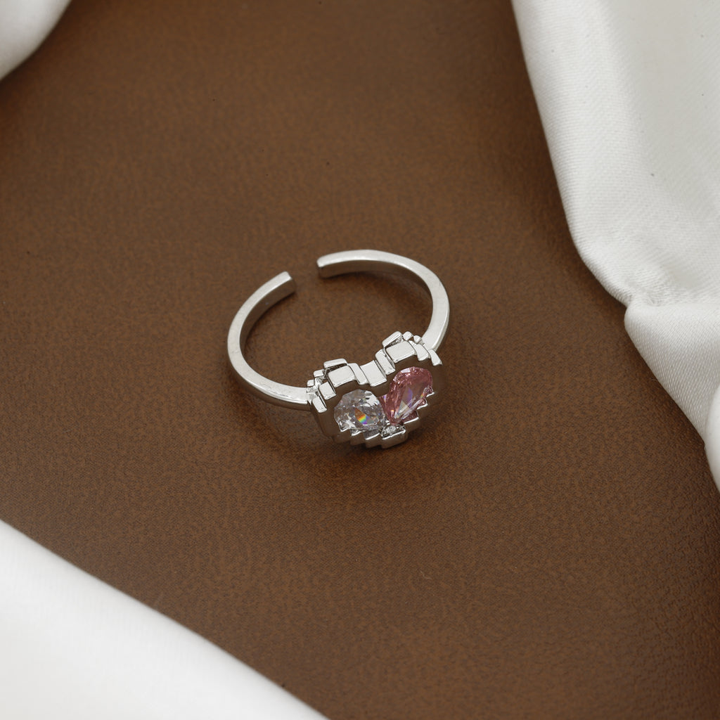 Charming Pixel Heart Adjustable Ring with Pink & Clear Zirconia