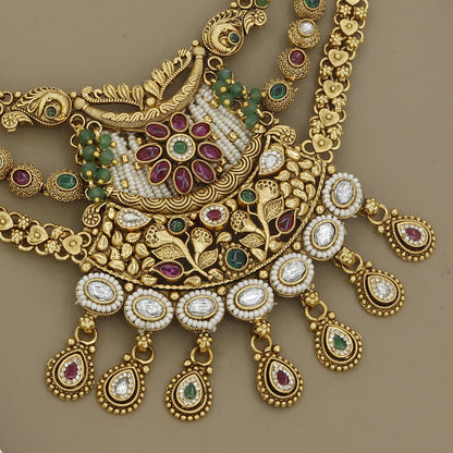 Antique Gold Toned Finish Kundan Necklace Set with Colored Beads