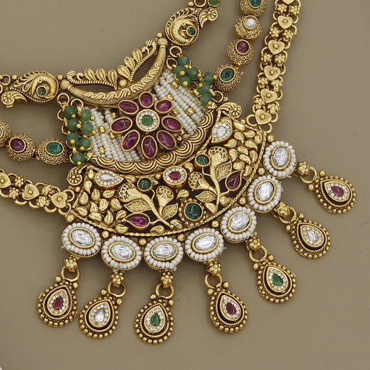 Antique Gold Toned Finish Kundan Necklace Set with Colored Beads