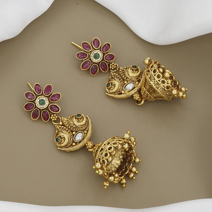 Antique Gold Toned Finish Kundan Necklace Set with Colored Beads