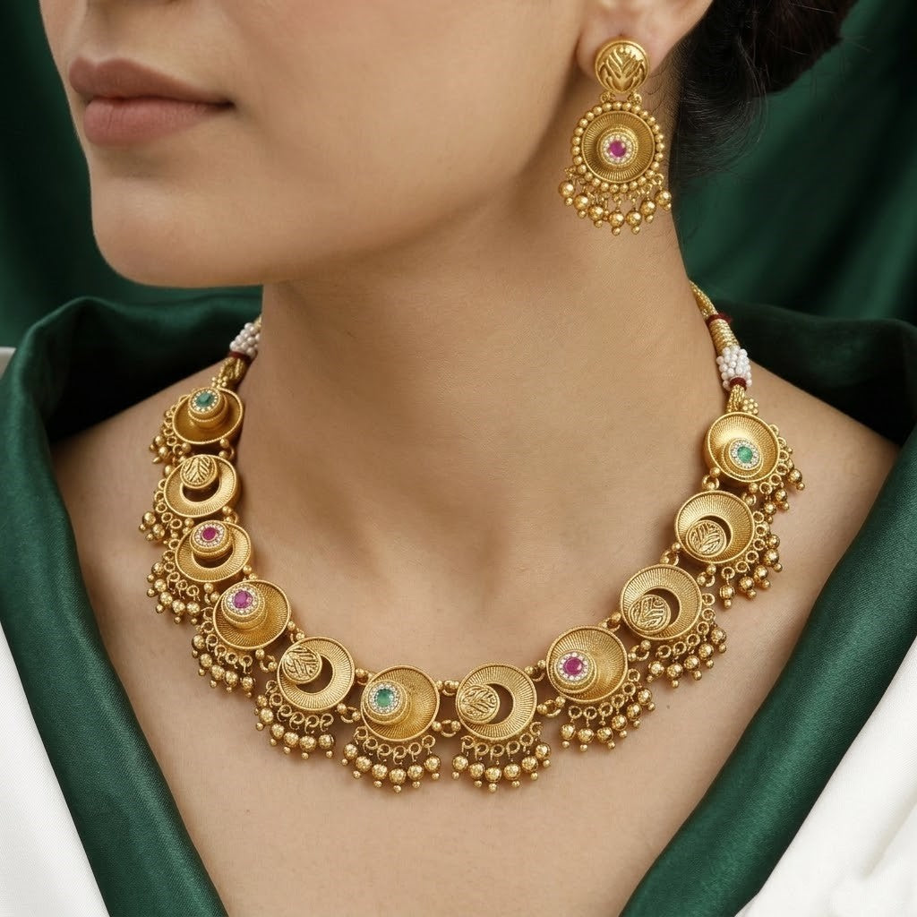 Temple-Style Matte Gold Choker Set with Ghungroo & Stone Accents