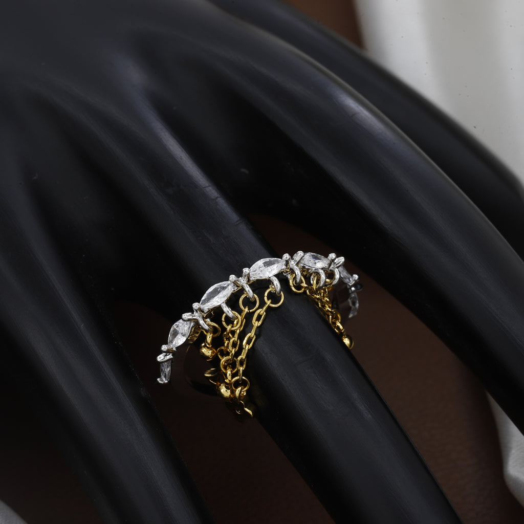 Two-Tone Marquise Cut Crystal Ring with Cascading Gold-Tone Drip Chains