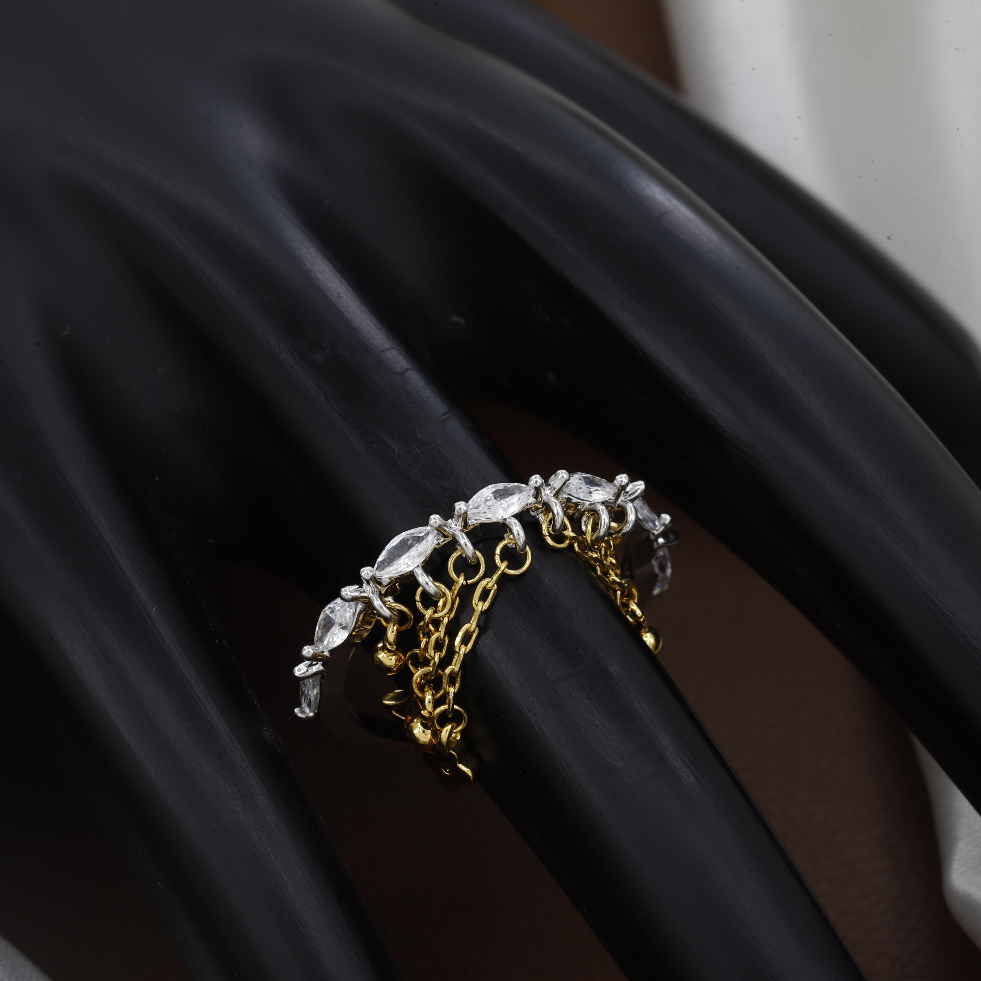 Two-Tone Marquise Cut Crystal Ring with Cascading Gold-Tone Drip Chains