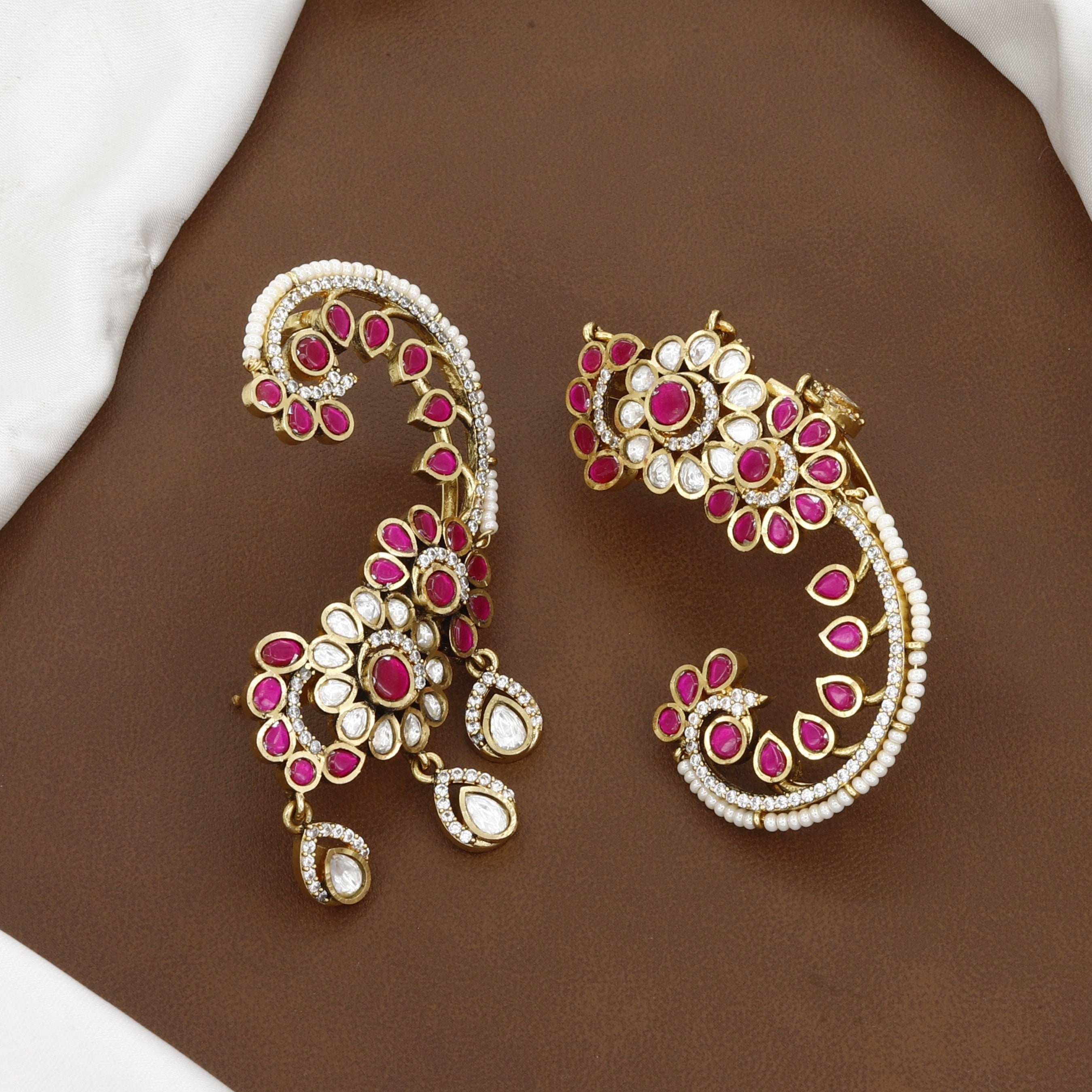 Ruby Pink & Kundan Ear Cuffs with Pearl Border