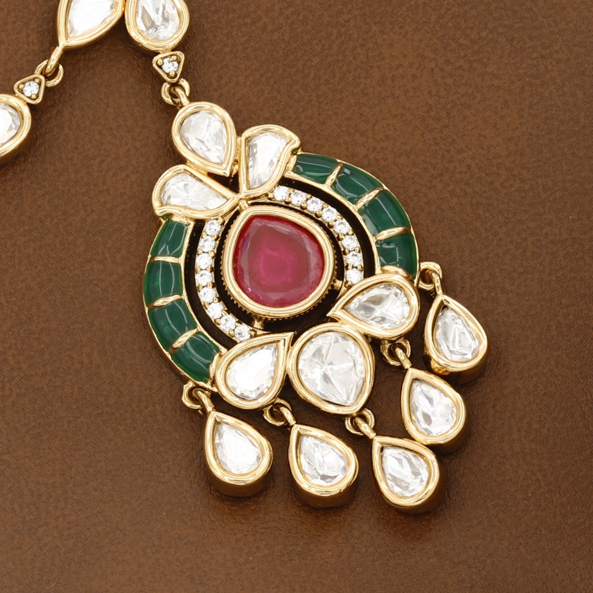 Victorian Polished Elegant Traditional Maang Tikka with Ruby & Emerald Accents