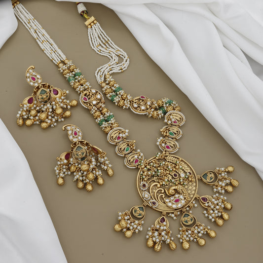 Peacock Design Multi-Layer Pearl Long Necklace & Earring Set