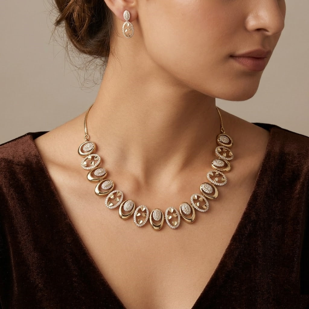 Mehndi Polished Heart Cutout & Pave Oval Link Necklace Set