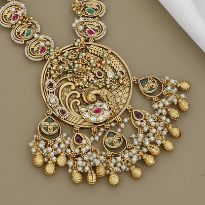 Peacock Design Multi-Layer Pearl Long Necklace & Earring Set