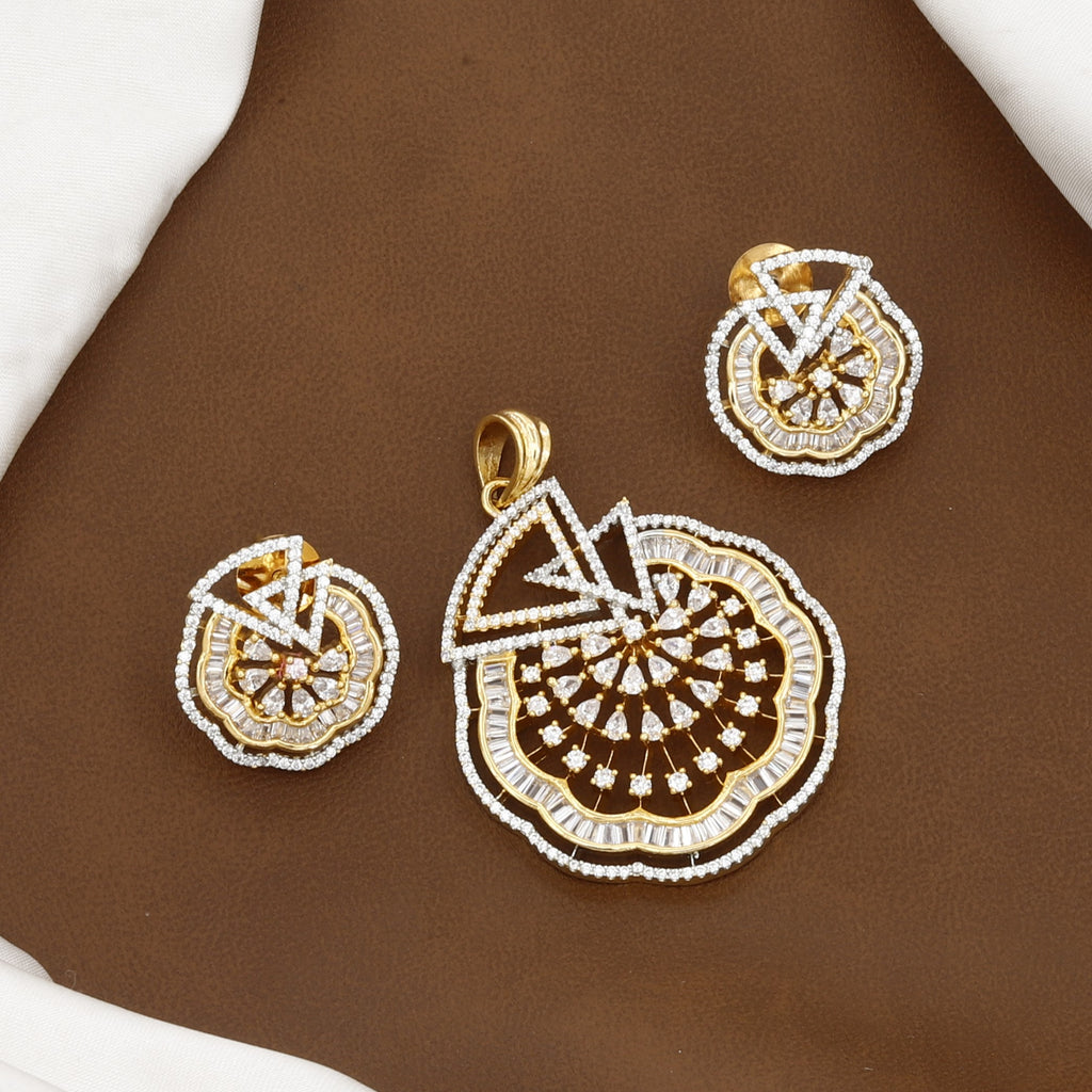 Contemporary Geometric Gold Pendant & Earring Set With Chain